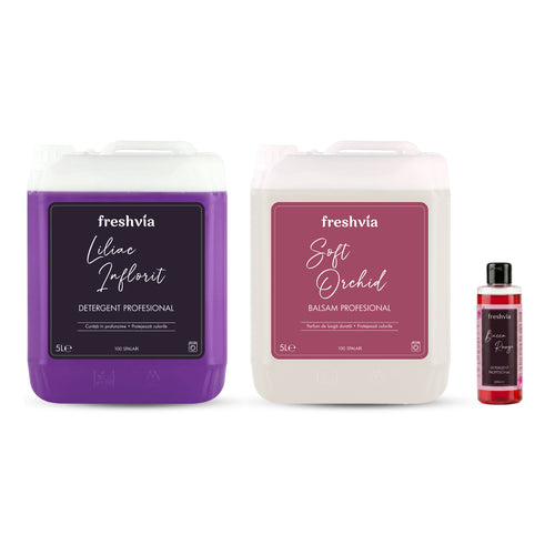 Pachet cu 1x Detergent Profesional Liliac Inflorit + 1x Balsam Soft Orchid + CADOU Detergent Baccarouge 200 ml