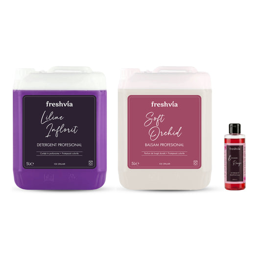 Pachet cu 1x Detergent Profesional Liliac Inflorit + 1x Balsam Soft Orchid + CADOU Detergent Baccarouge 200 ml